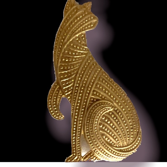 VINTAGE Egyptian Sphinx Cat golden Brooch Bastet Goddess Pin Art Deco Textured - Picture 7 of 7
